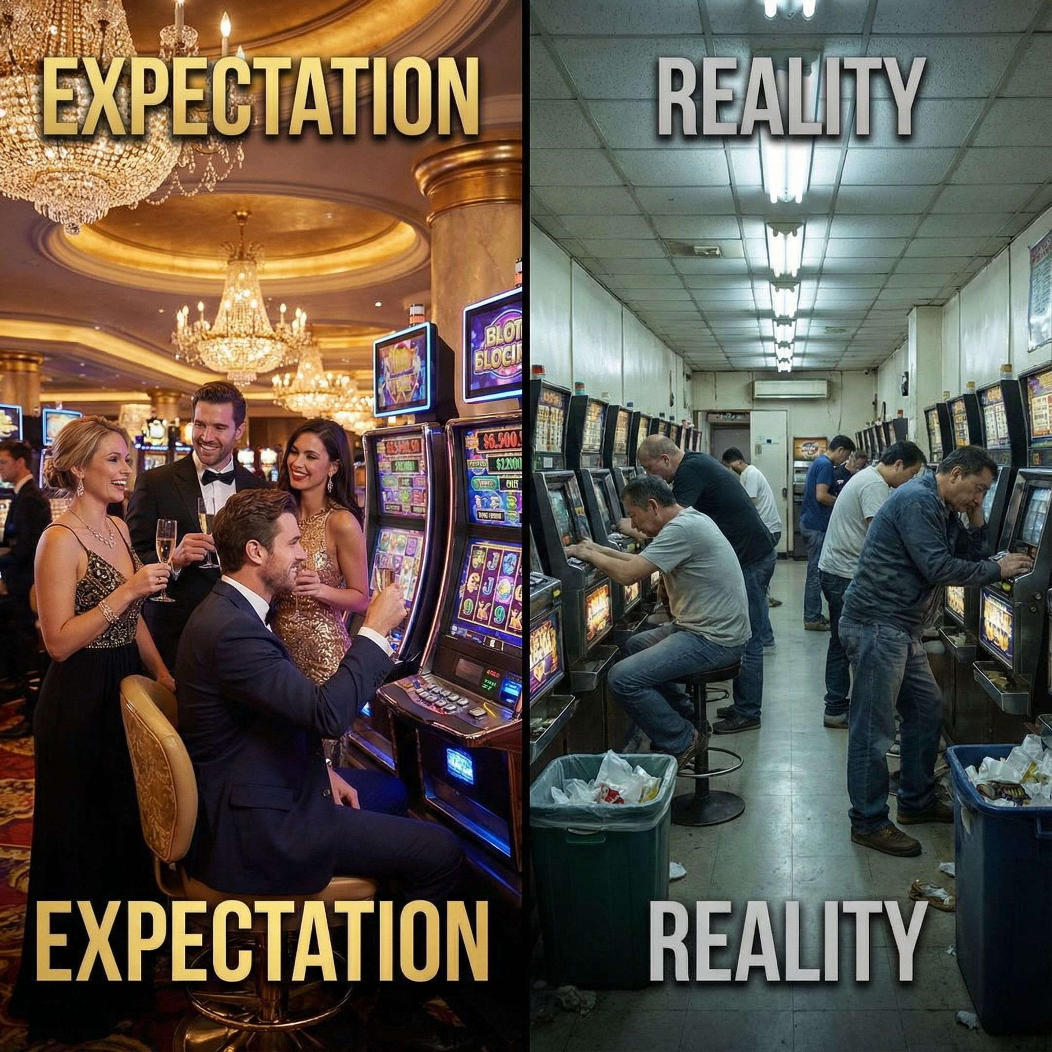 화면 분할, 화려한 카지노 조명과 관광객, 반대편은 붐비는 회색 홀과 지친 얼굴이다