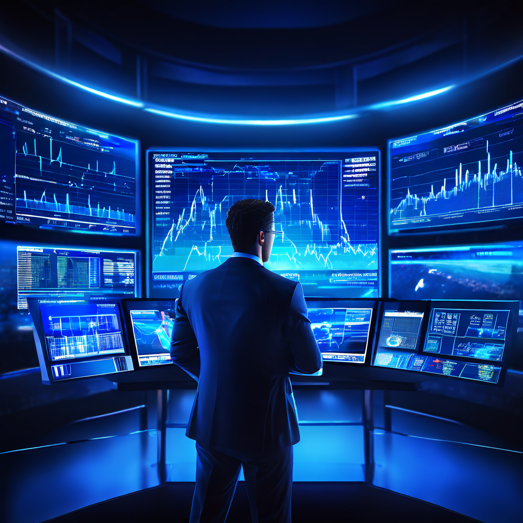미래적인 파란색 인터페이스 화면의 복잡한 그래프와 배당률을 분석가가 주시하는 선명한 모습이다