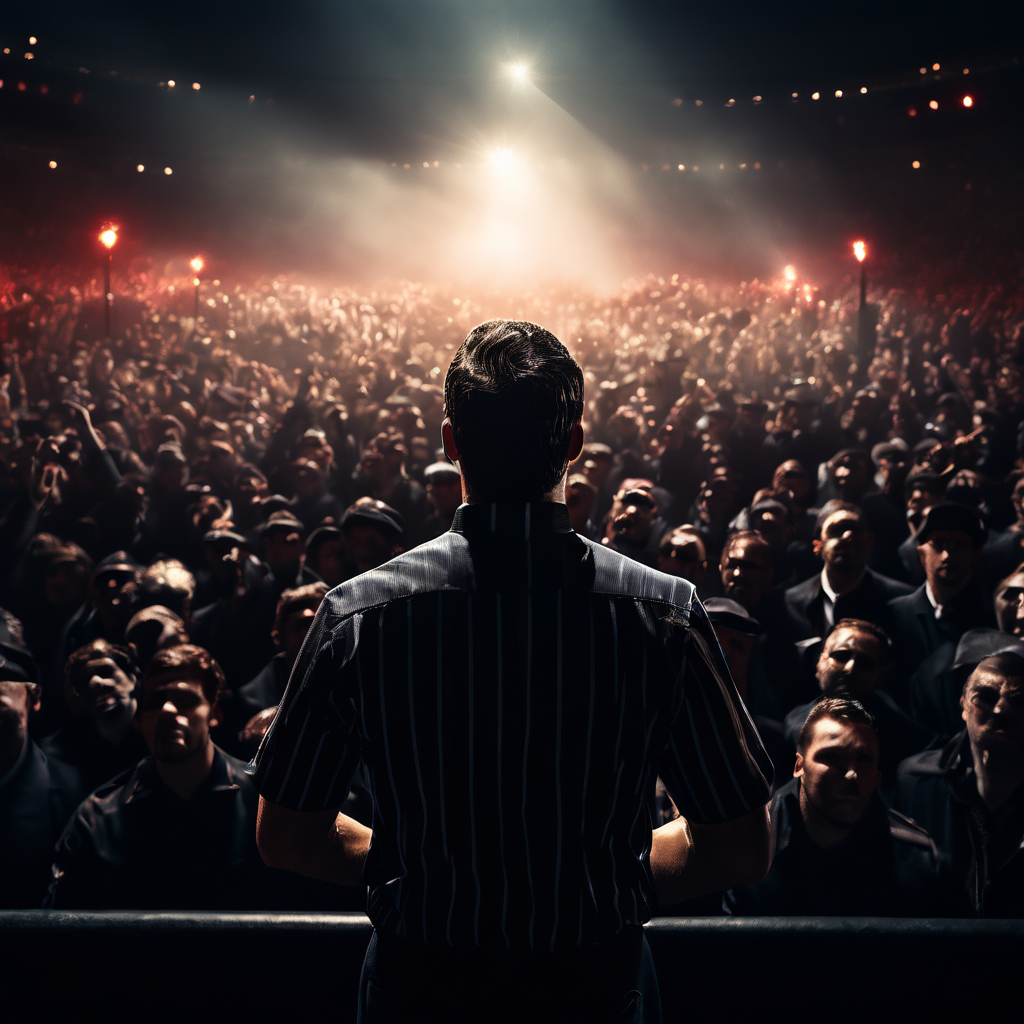 어둠 속 스포트라이트를 받는 심판이 열광하는 관중에 둘러싸여 극도의 심리적 압박을 느끼는 모습이다