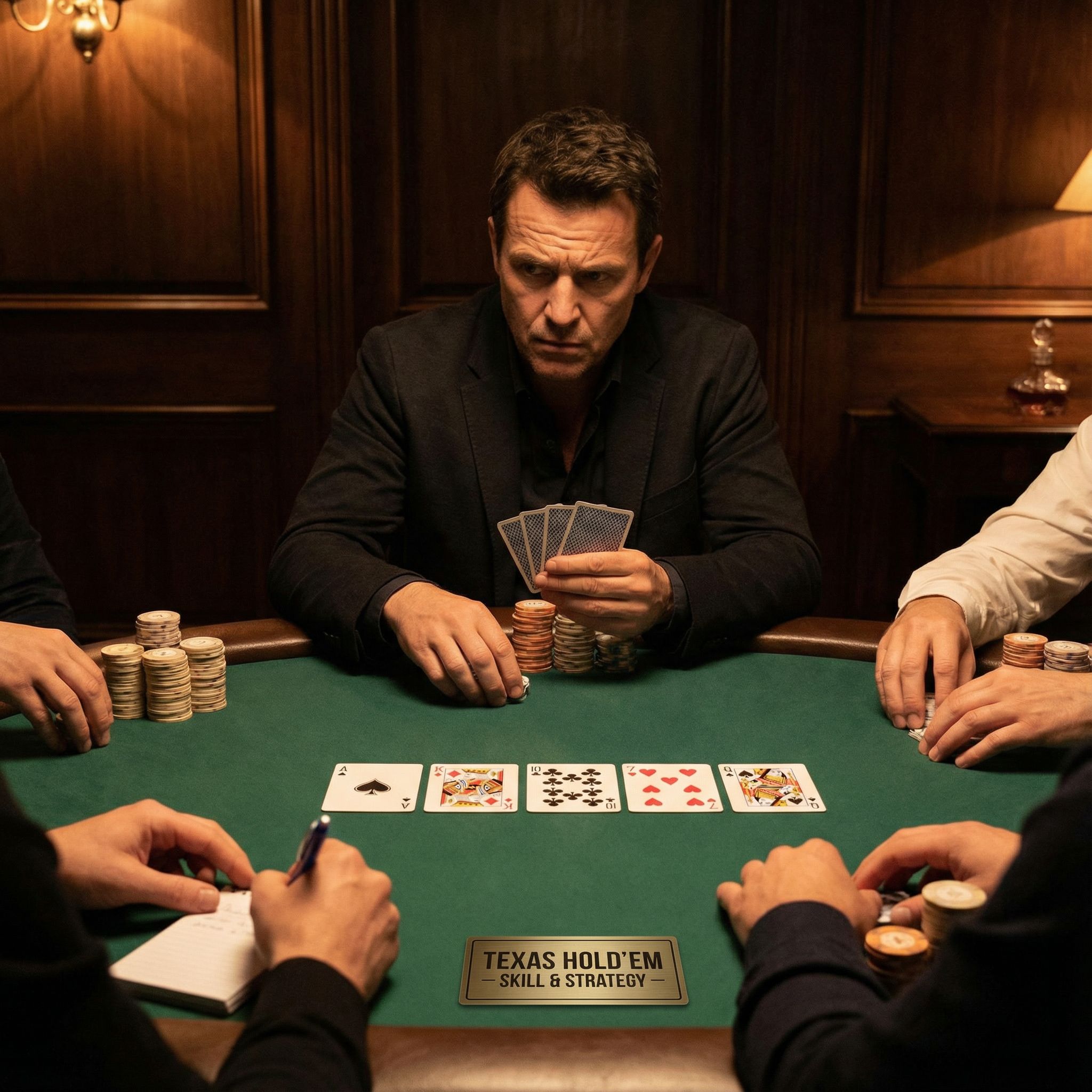 어두운 목재 실내에서 텍사스 홀덤 테이블에 둘러앉은 참가자들이 카드와 칩을 앞에 두고 신중한 표정으로 다음 수를 계산하는 긴장감 있는 포커 게임 장면이다