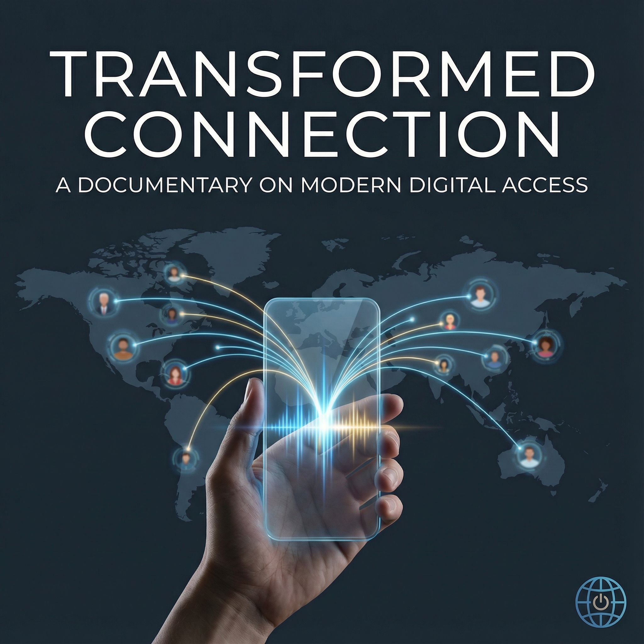 손에 든 빛나는 스마트폰에서 푸른 광선이 뻗어 세계 곳곳의 사람들과 연결된 모습이다