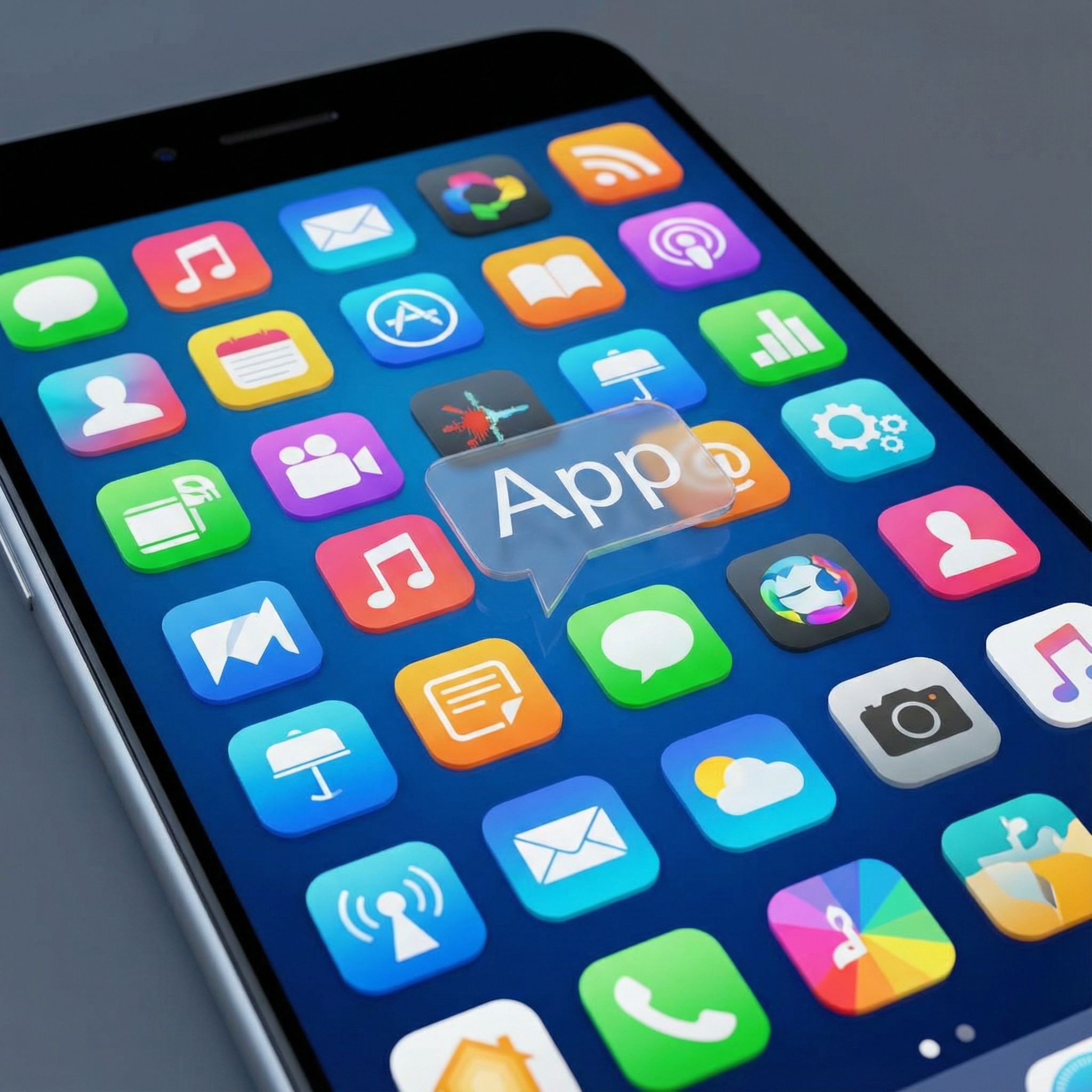 다양한 색 앱 아이콘이 빼곡한 스마트폰 화면과 앱 말풍선, 휴대폰 쓰는 사람들이 함께 있는 모습이다