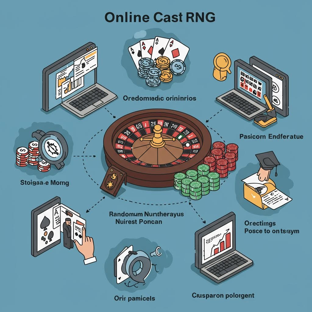 원형 테이블 위의 회전 장치를 중심으로 주변에 카드 그림, 칩 더미, 노트북 화면과 각종 아이콘이 둘러져 있으며 여러 기능이 연결된 구조를 도식 형태로 표현한 장면