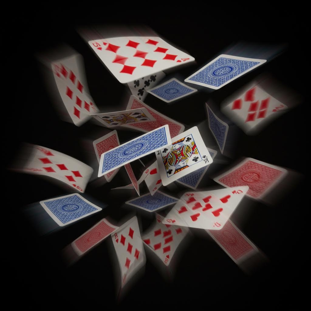 어둠 속에서 여러 장의 카드가 흩날리며 서로 다른 방향으로 퍼져나가는 순간을 포착한 장면