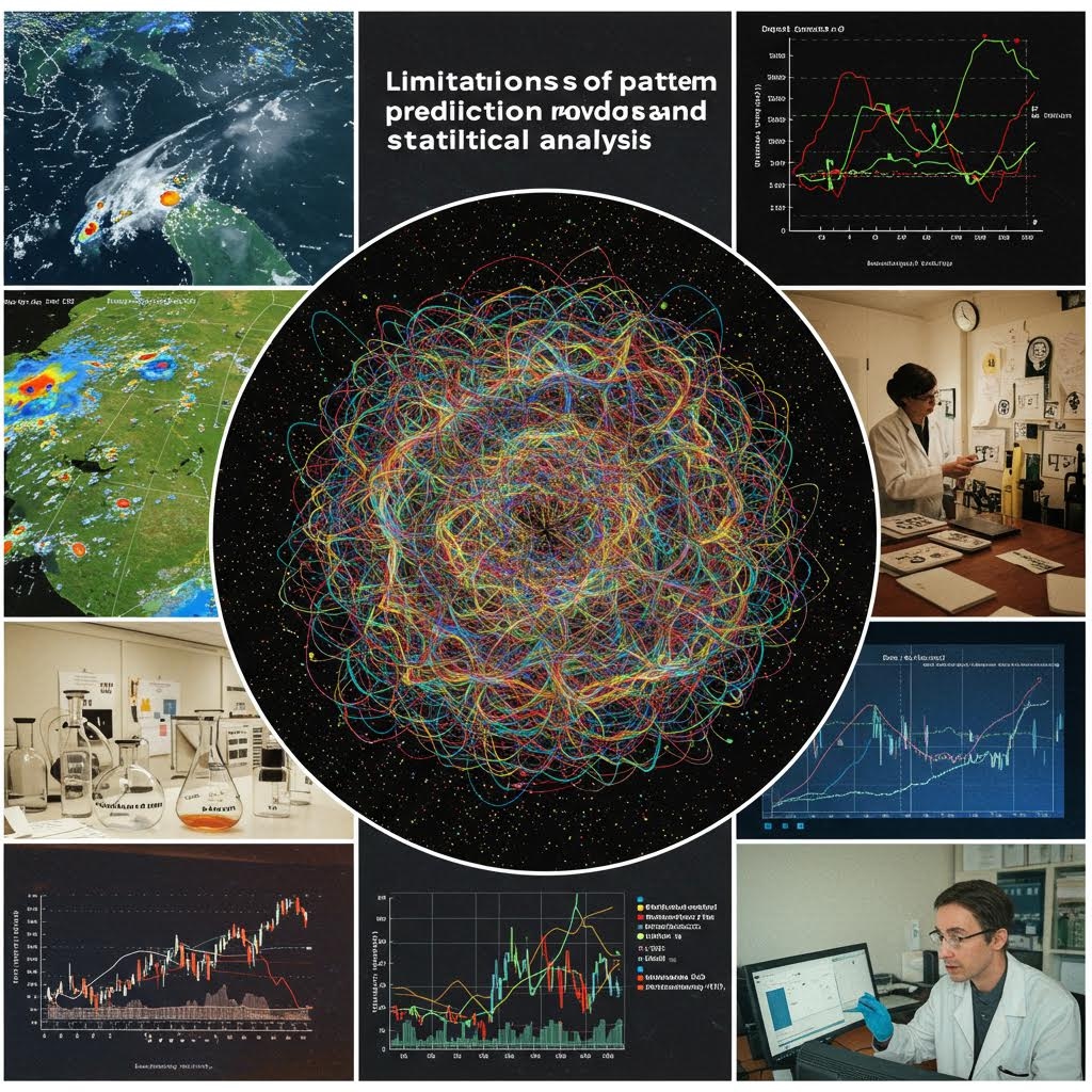 복잡한 선들의 궤적과 다양한 분석 화면이 동시에 배치된 장면 속에서 예측 한계가 시각적으로 드러나는 흐름