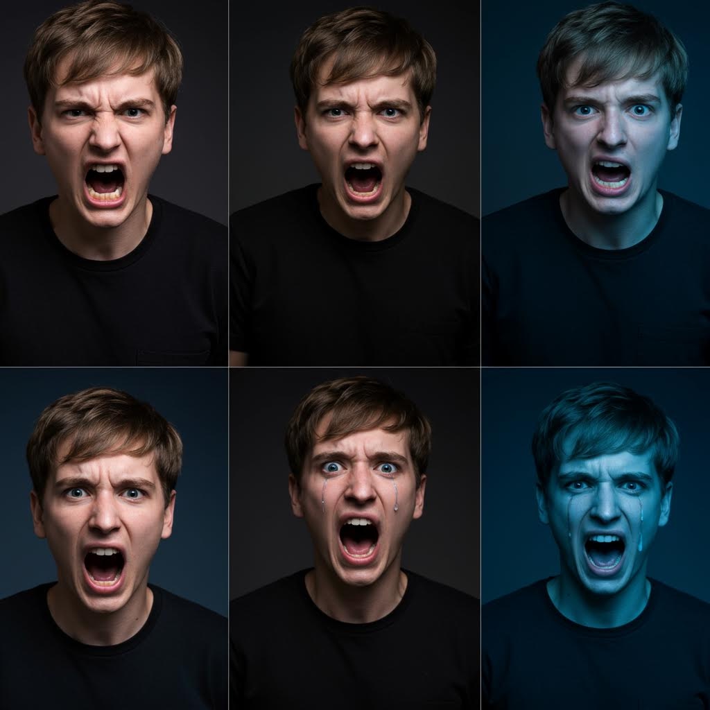 여섯 개의 얼굴 클로즈업이 격자로 배치된 화면에서 한 남성이 서로 다른 조명 아래 같은 방향을 향해 입을 벌린 표정을 반복하며 두 장에서는 눈물 자국이 더해져 감정의 폭이 조명 변화와 함께 극적으로 드러나는 구성