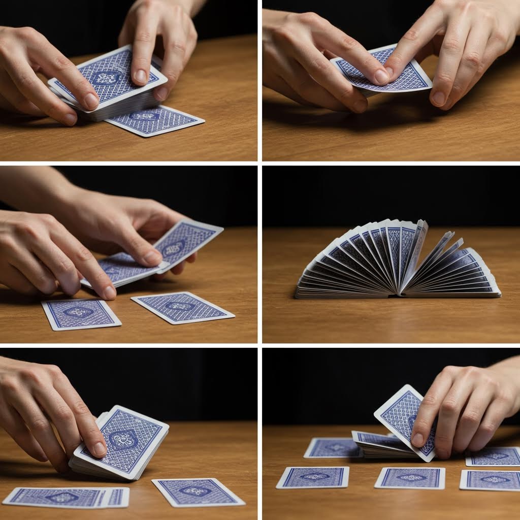 탁자 위에서 한 손이 카드 더미를 정돈하며 첫 장을 밀어내는 순간을 포착해 동작의 섬세함이 드러나는 모습