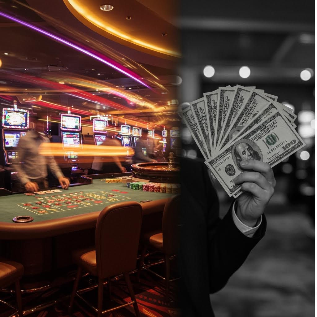 형형색색의 조명이 흐르는 실내 공간에서 테이블과 기기들이 어우러진 장면의 왼쪽과 손에 지폐를 들고 있는 인물이 흑백으로 대비된 오른쪽이 나뉘어 서로 다른 분위기를 동시에 드러내는 구성