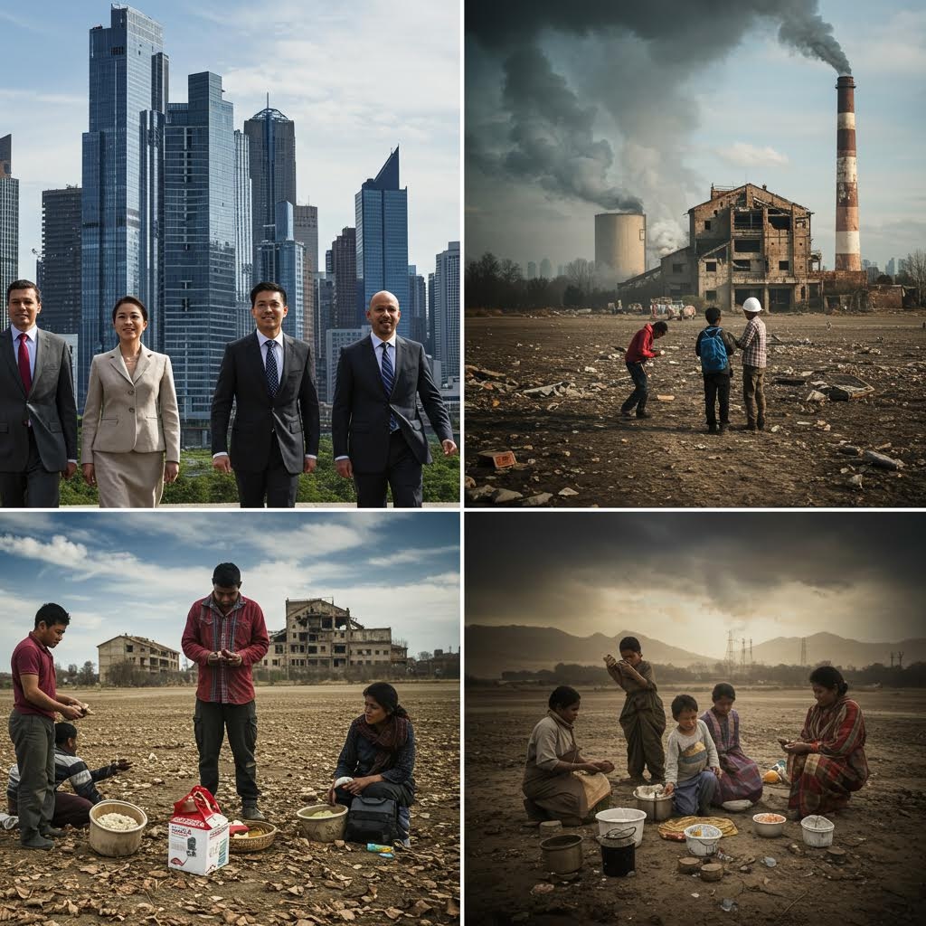 도심의 고층 빌딩 앞에서 정장을 갖춰 입은 사람들이 밝은 표정으로 서 있는 모습과 대비되게, 폐허가 된 공장터에서 연기와 잔해가 남은 공간을 아이들과 어른들이 둘러보는 장면, 그리고 황량한 땅에서 가족들이 간이 용기에 음식을 담아 나누며 생계를 이어가는 모습이 하나의 화면에 이어지며 서로 다른 환경과 삶의 간극이 뚜렷하게 드러나는 구성
