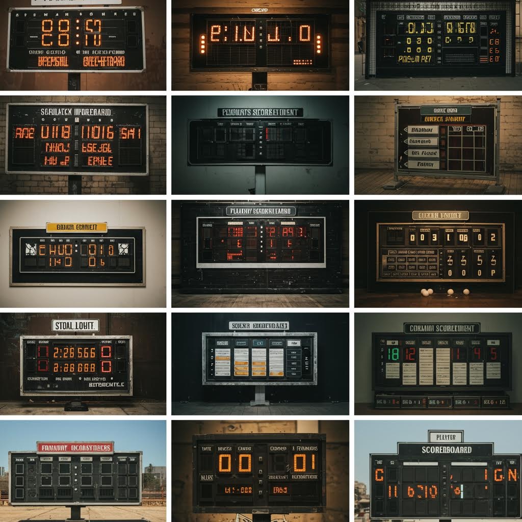 격자 형태로 배열된 여러 전광판들이 각기 다른 숫자와 항목을 표시하며 다양한 판정 화면과 기록 보드가 한 장면 안에서 대비를 이루어 복잡한 정보 구성이 시각적으로 정리된 모습