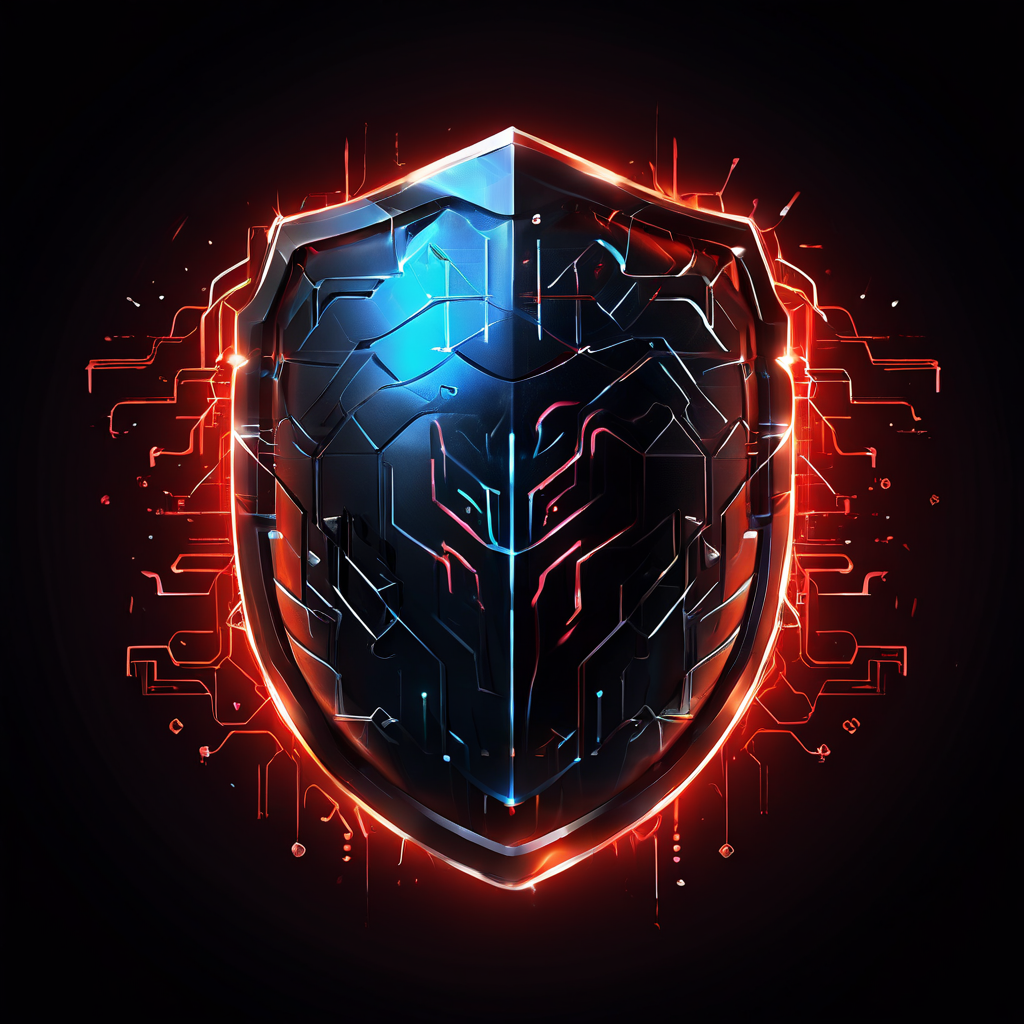 빛나는 방패 형태의 보안 솔루션이 해킹, 악성코드 등 수많은 디지털 사이버 위협으로부터 사용자의 개인정보와 데이터를 안전하게 보호하는 네트워크 보안 개념을 설명하는 그림.