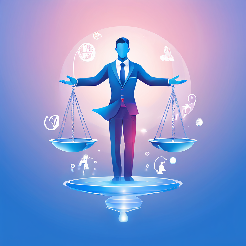 보이지 않는 손이 인사 관리 비용과 마케팅 비용 아이콘의 균형을 맞추며, 기업의 성공을 위한 효율적인 자원 배분과 전략적 의사 결정의 중요성을 시각적으로 보여주는 이미지.