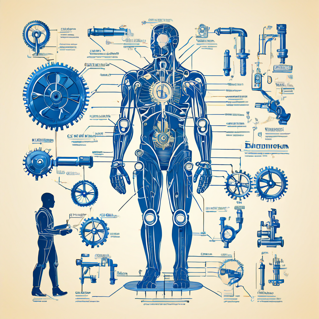 복잡한 톱니바퀴와 레버가 사람의 생각과 행동을 어떻게 단계적으로 통제하는지, 그 심리적 조종의 과정을 정교한 설계도 형식으로 설명하는 그림