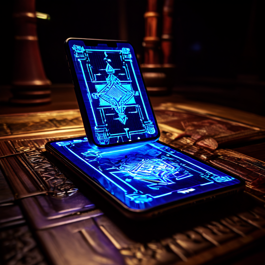 실물 화투패가 스마트폰으로 이동하여 온라인 고스톱 게임이 되는 과정을 보여주는 이미지.