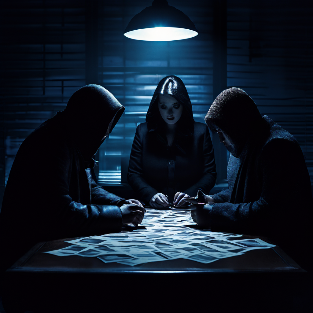 정체불명의 금융 사기범들이 지급정지된 통장을 빌미로 피해자를 협박하며 자금 세탁을 시도하는 범죄 상황을 보여주는 이미지.