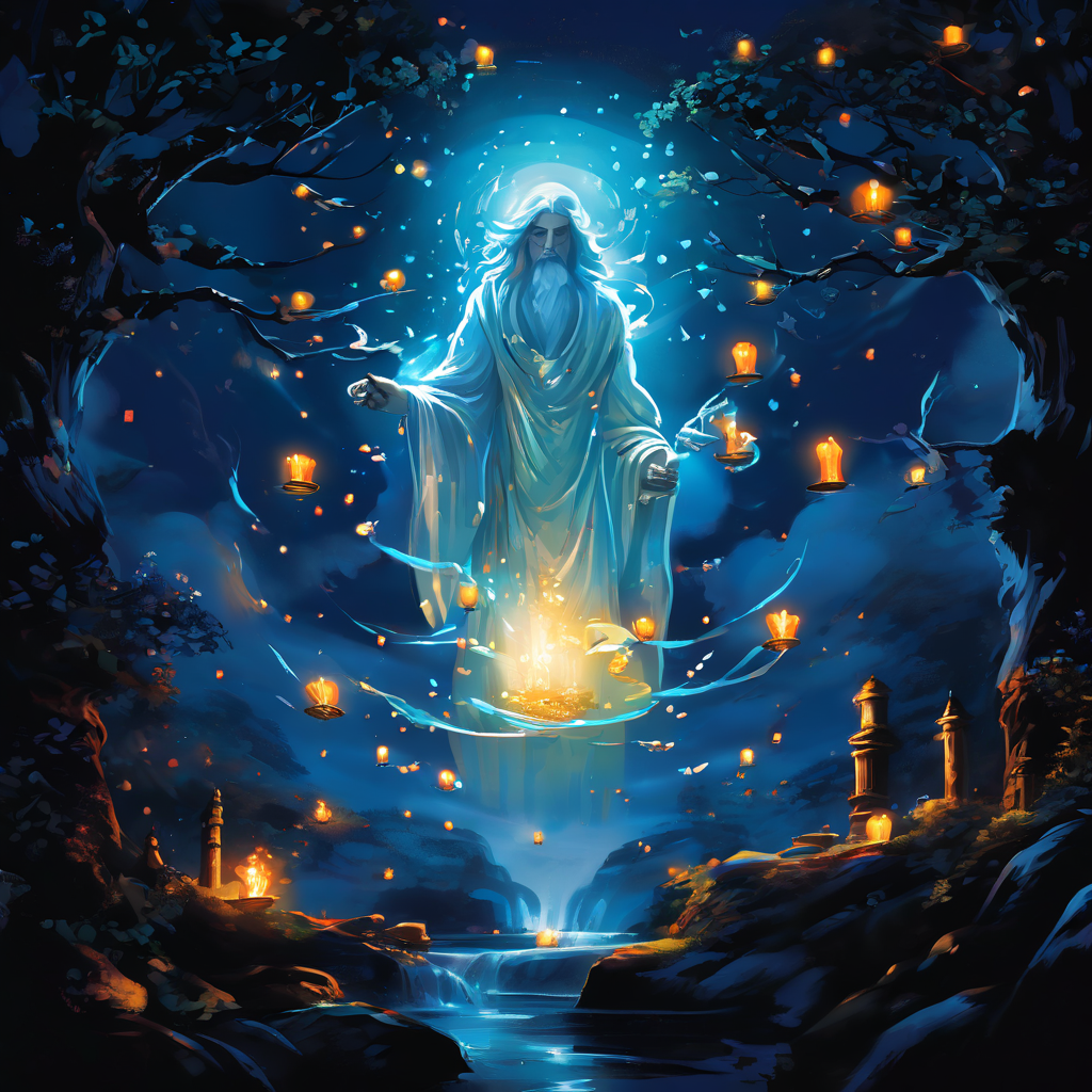 현자가 들려주는 신화 속 인물들이 허공에 빛으로 나타나는 것을 보여주는 이미지.