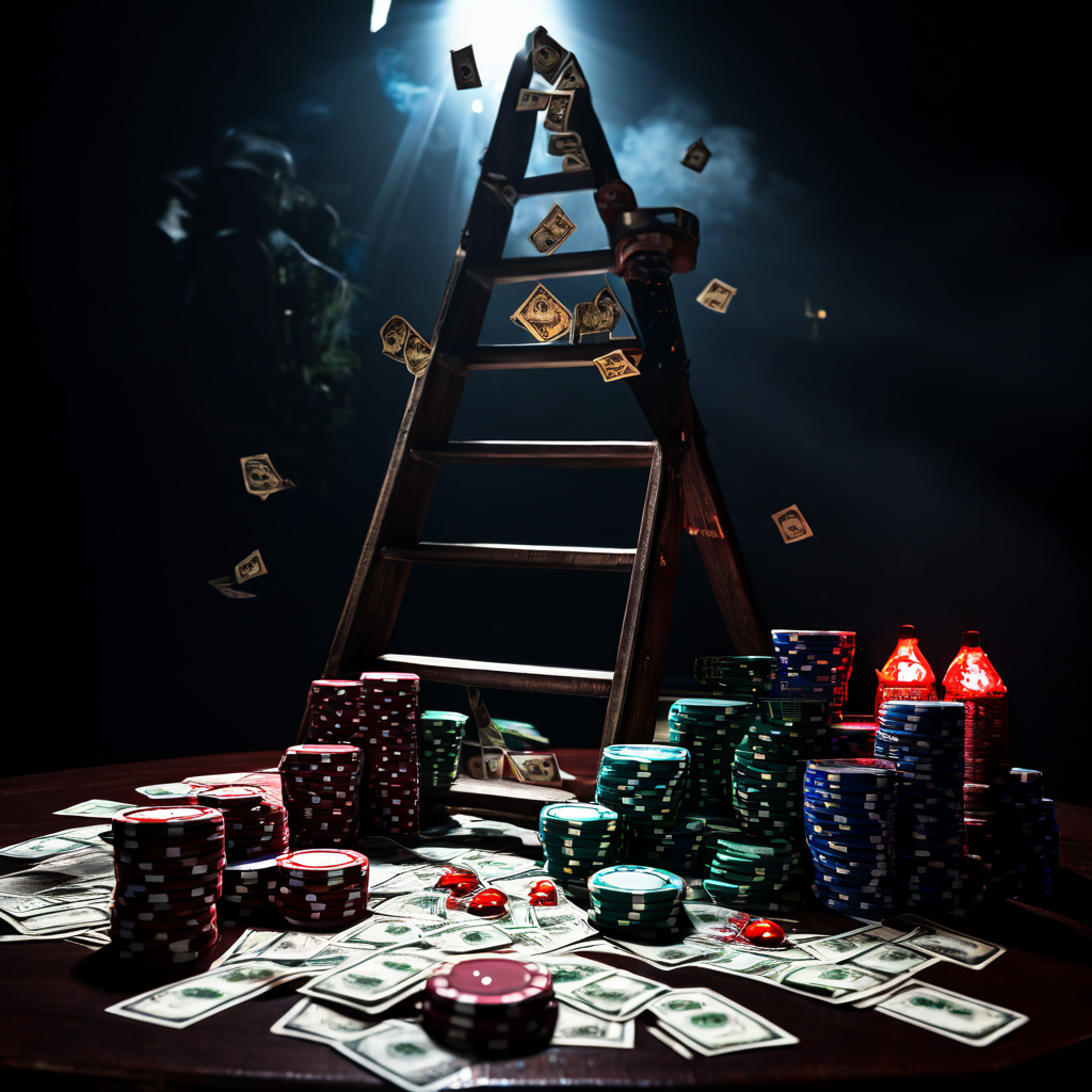 순수한 사다리타기가 돈과 주사위가 오가는 도박으로 변질된 모습을 보여주는 이미지.