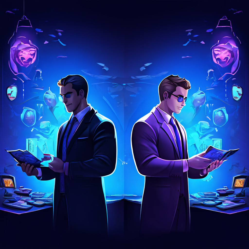 게임 아이템 거래의 성공적인 모습과 사기 피해의 모습을 대비시켜 보여주는 이미지.