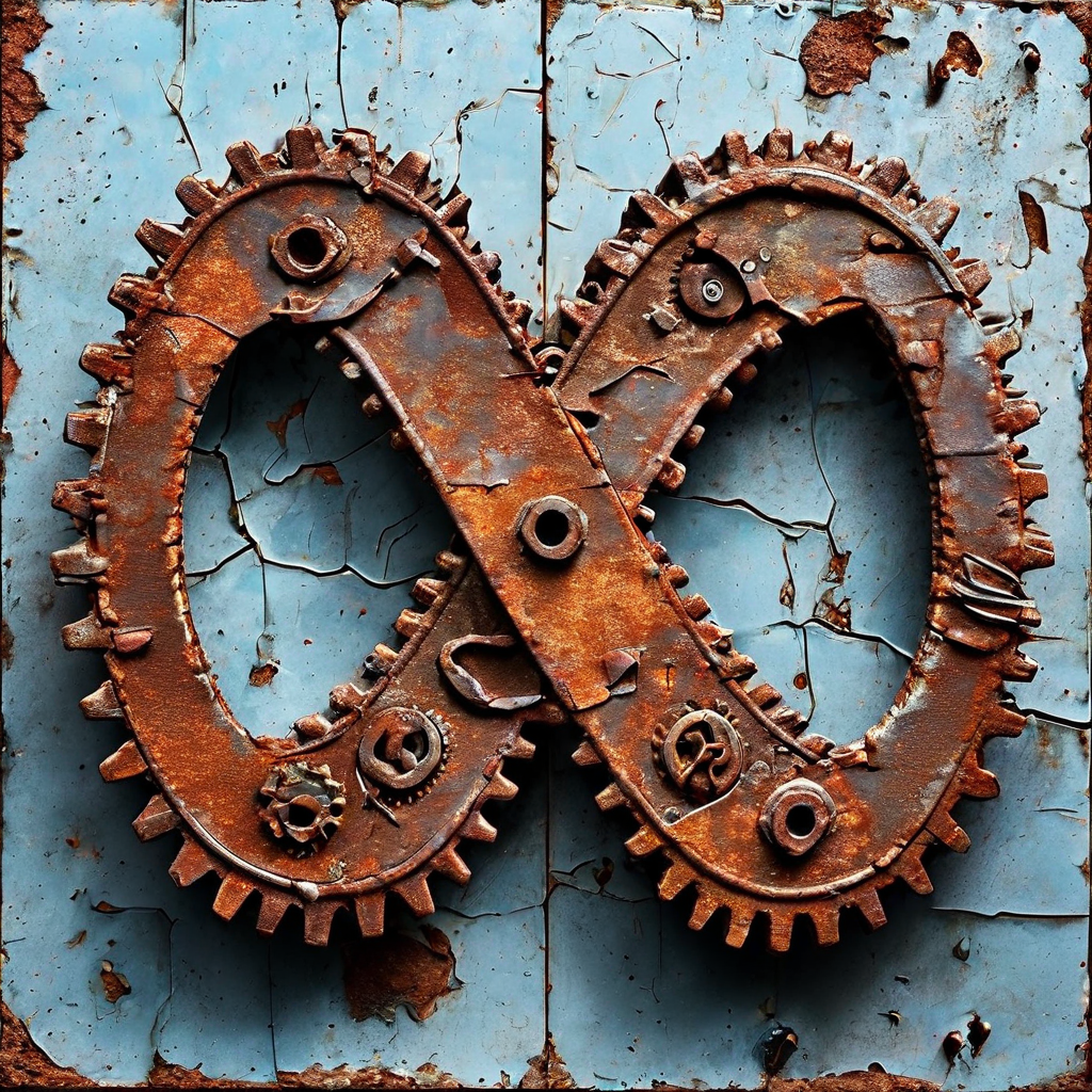 낡은 톱니바퀴와 새 톱니바퀴가 맞물린 무한대 기호는 장비의 마모와 교체, 유지보수 비용이 계속 발생하는 것을 상징적으로 보여주는 그림
