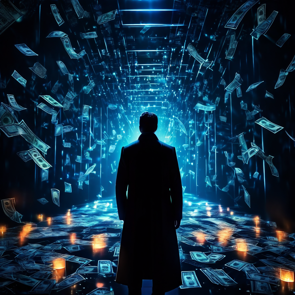 자금세탁의 첫 번째 배치 단계에서 익명의 인물이 거액의 불법 자금을 추적 불가능한 여러 디지털 경로로 분산시켜 금융 시스템에 투입하는 첨단 범죄 과정을 보여주는 이미지.