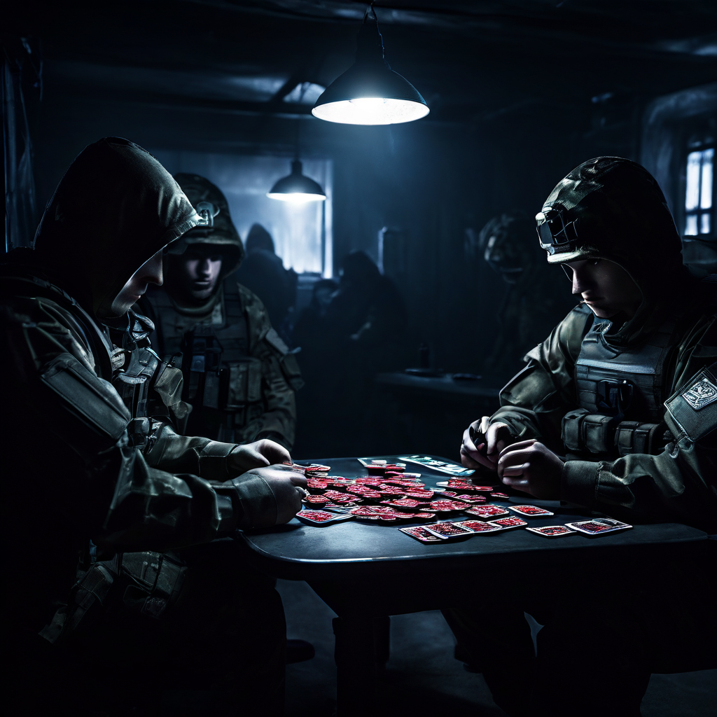 작은 도박이 부대 전체에 퍼져나가 중독으로 번지는 과정을 보여주는 이미지.