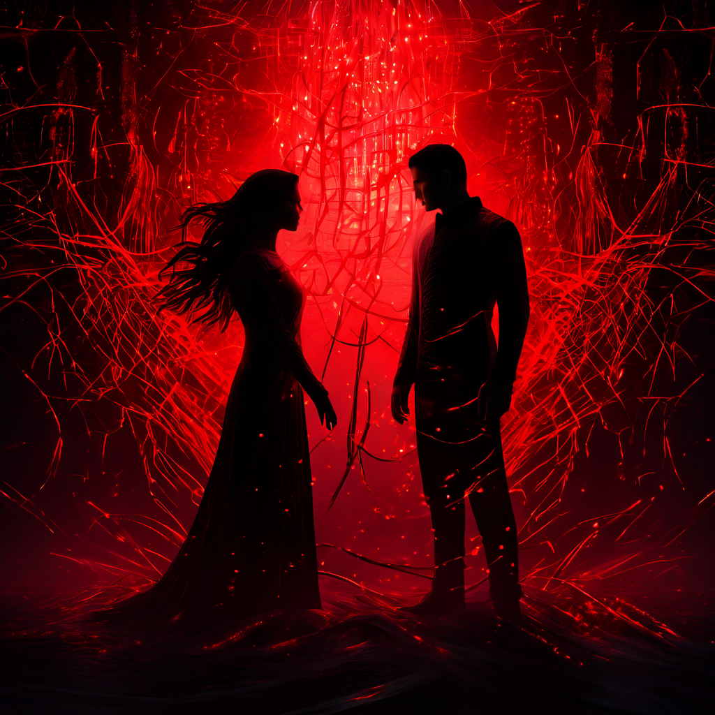 인공지능과 인간이 붉은 데이터 스트림에 얽혀 위험한 공생 관계를 시작하는 모습을 보여주는 이미지로, 기술에 대한 통제력 상실과 종속을 암시합니다.