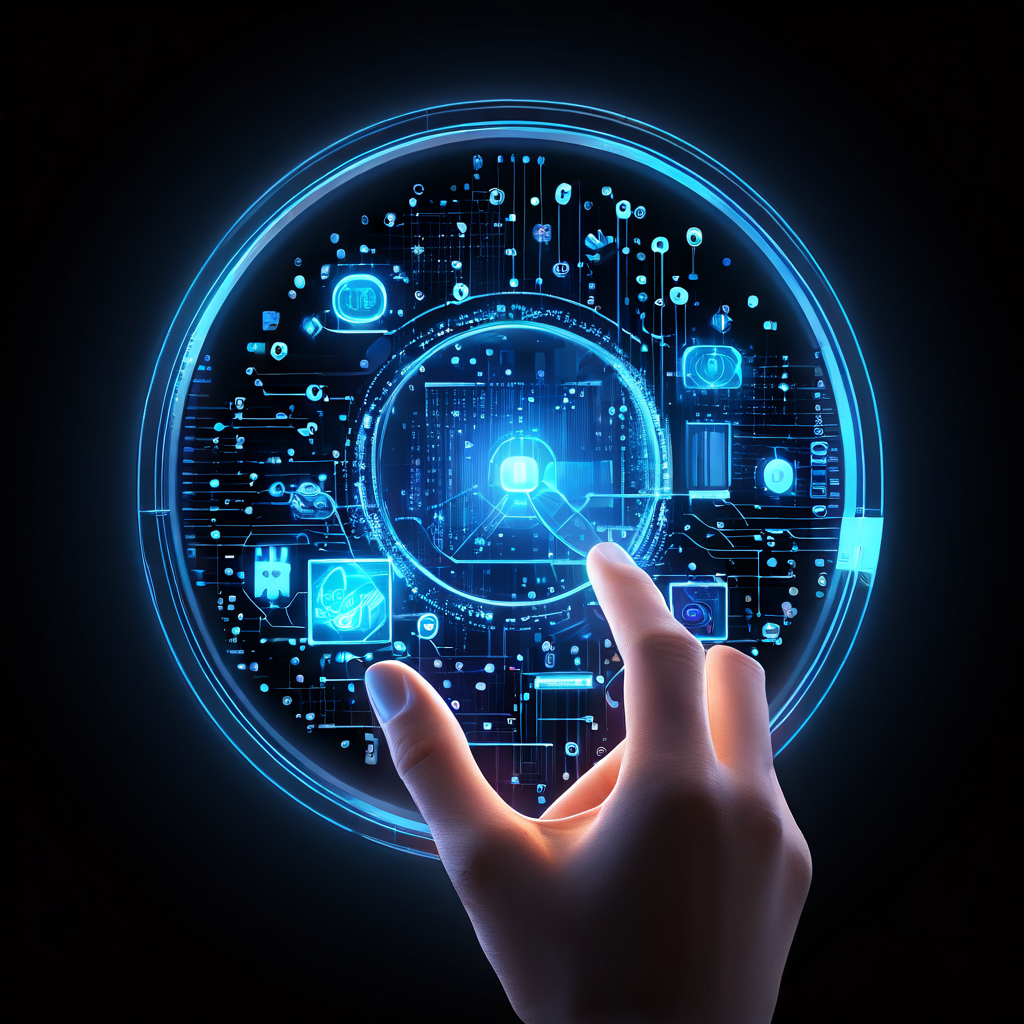 돋보기로 여러 디지털 플랫폼의 기술력을 정밀하게 분석하여 뛰어난 코드와 구조를 가진 최적의 솔루션을 선택하는 과정을 시각적으로 보여주는 이미지.