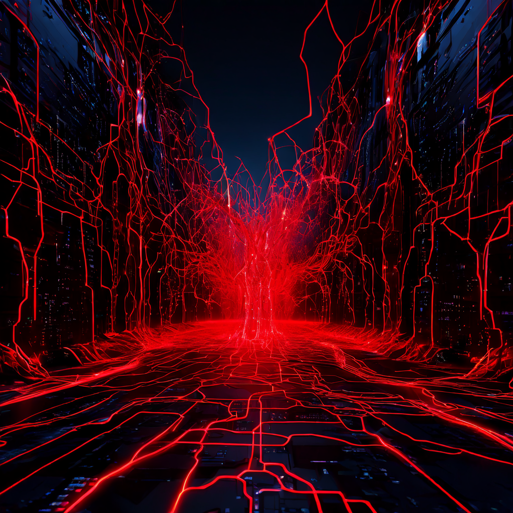 AI가 복잡한 디지털 시스템을 분석하여 보안 취약점을 붉은 균열로 시각화하고 데이터의 흐름을 에너지처럼 표현하는 과정을 설명하는 그림.
