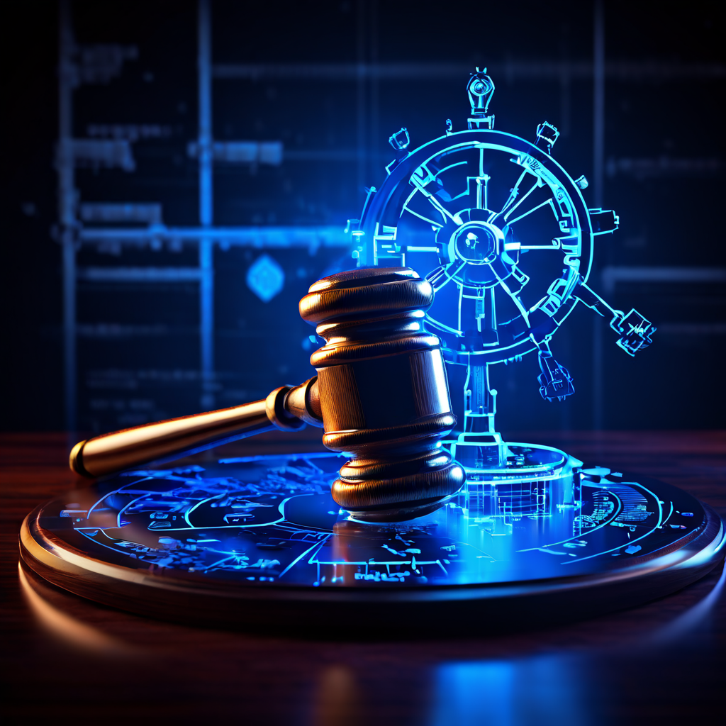 법률 규제(망치)와 첨단 기술(톱니바퀴)이 결합하여 보이지 않는 사이버 위협에 대응하는 통합 방어 시스템의 전략적 청사진을 보여주는 이미지.