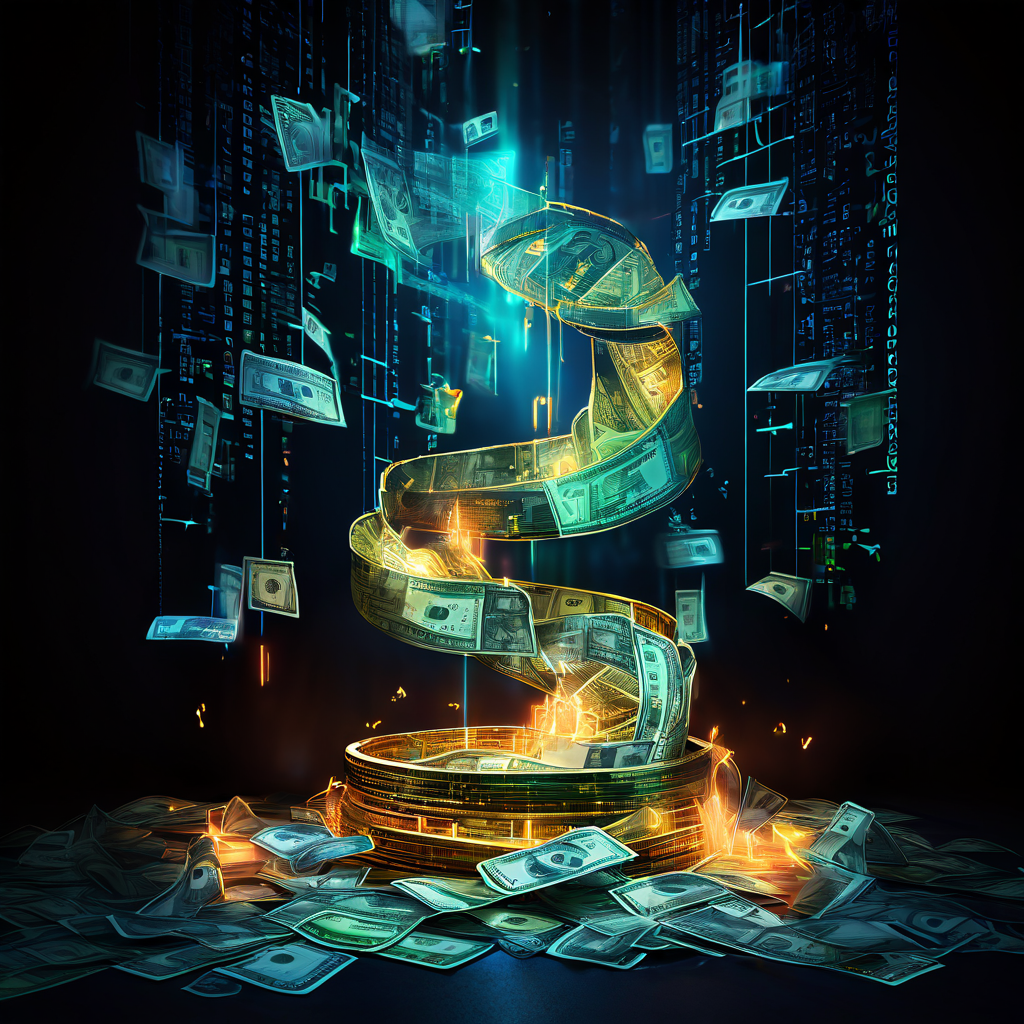 알고리즘이 불법 자금세탁 경로를 분석하는 과정을 시각적으로 표현한 이미지. 빛나는 자금의 흐름이 디지털 방화벽의 데이터 감시를 피해 숨겨진 경로로 교묘하게 우회하는 모습을 묘사합니다.