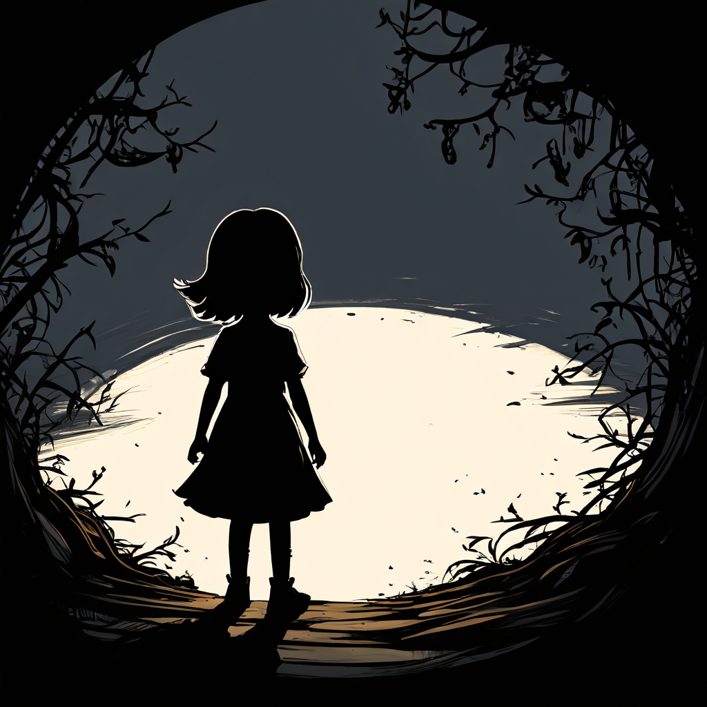 아이들의 순수한 놀이에서 시작된 작은 의심이 거대한 불안의 그림자를 드리우는 이미지.