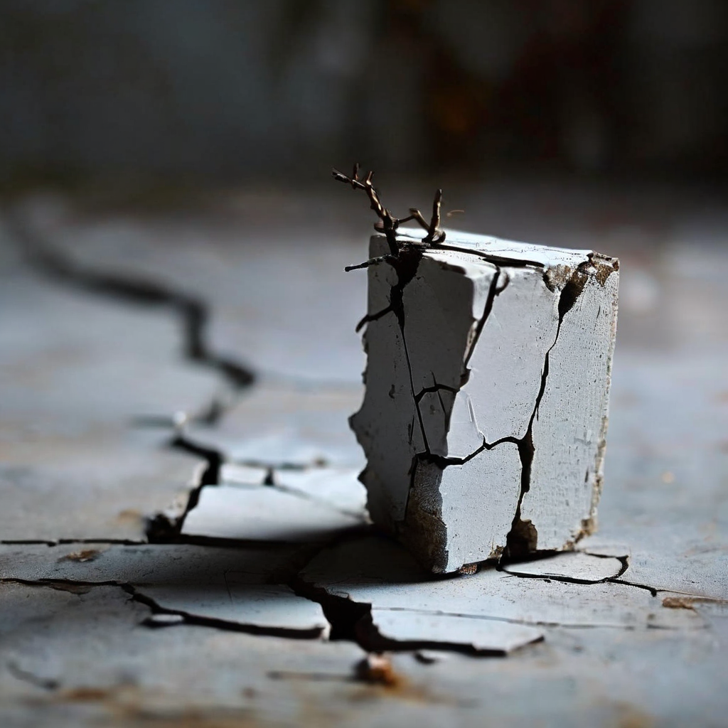 평범한 사물의 작은 균열이 현실 전체를 산산조각 내는 과정을 보여주는 초현실적 이미지.