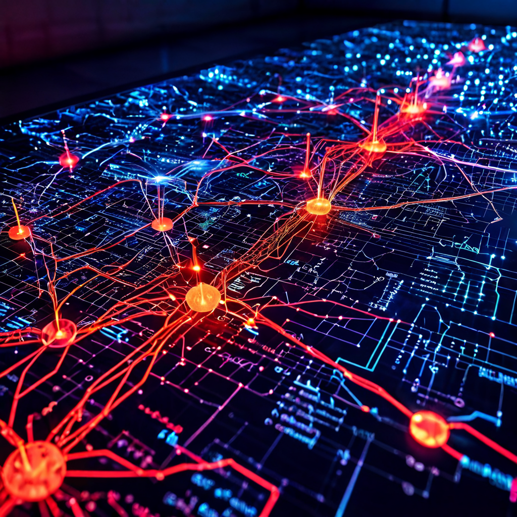 AI 알고리즘이 복잡하게 얽힌 디지털 거래 내역을 분석하여 피싱 자금 세탁 경로를 추적하는 과정을 시각적으로 보여주는 네트워크 다이어그램.