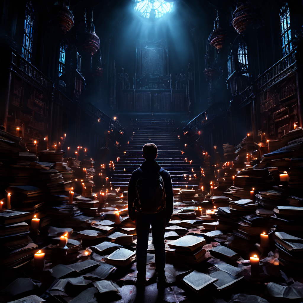 학자금 부담의 무게로 고통받는 학생이 위험한 상상을 하는 모습을 보여주는 이미지.