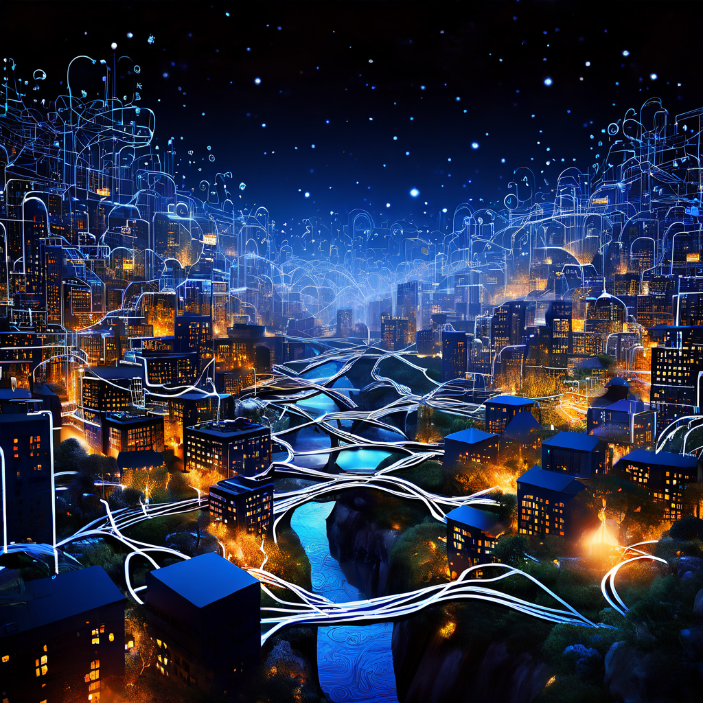 정보의 흐름을 통해 커뮤니티들이 상호 연결되는 과정을 시각적으로 보여주는 이미지.