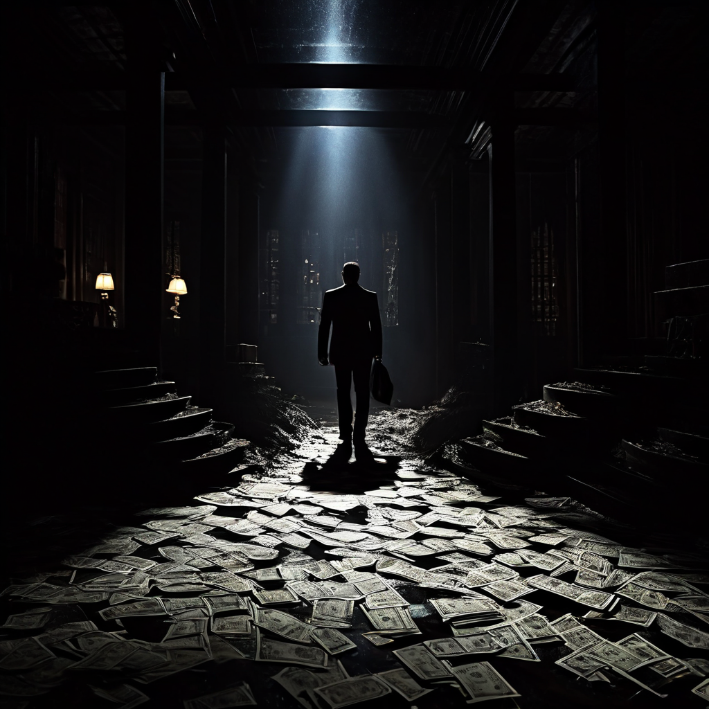 어둡고 미스터리한 단일 출처에서부터 시작되는 그림자 금융의 흐름을 보여주는 이미지로, 불법 자금 세탁과 그 근원을 상징적으로 묘사합니다.