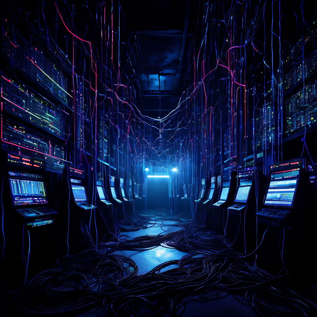 불법 도박 사이트의 숨겨진 인프라를 보여주는 이미지로, 거대한 지하 세계처럼 얽힌 서버와 전선 사이로 데이터가 흐르며 암시장 네트워크의 보이지 않는 위험성을 상징합니다.