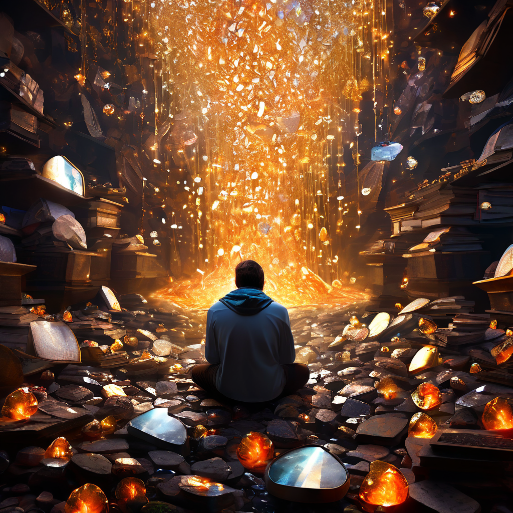 수많은 디지털 정보의 홍수 속에서 한 사람이 무의미한 데이터를 걸러내고 가치 있는 핵심 정보를 선별해내는 과정을 보여주는 이미지.