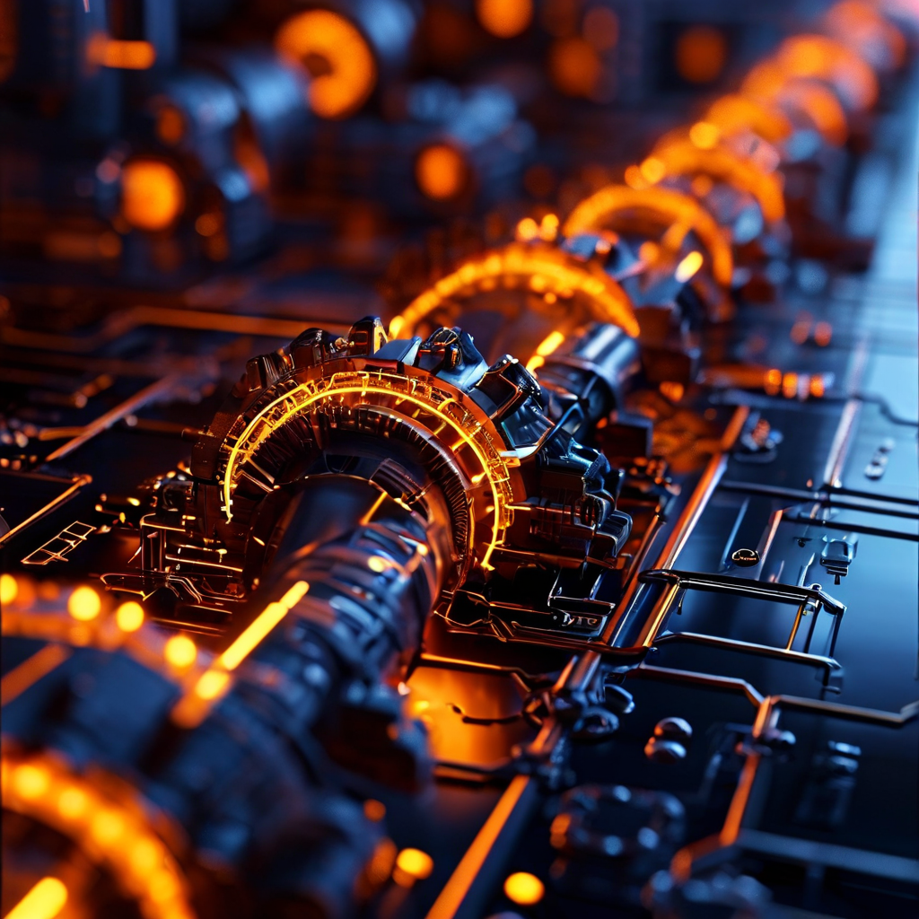 미래형 자동화 파이프라인의 개념을 시각화한 설계도로, 여러 톱니바퀴와 데이터 스트림이 유기적으로 상호작용하며 복잡한 네트워크를 형성하는 과정을 묘사하는 그림.