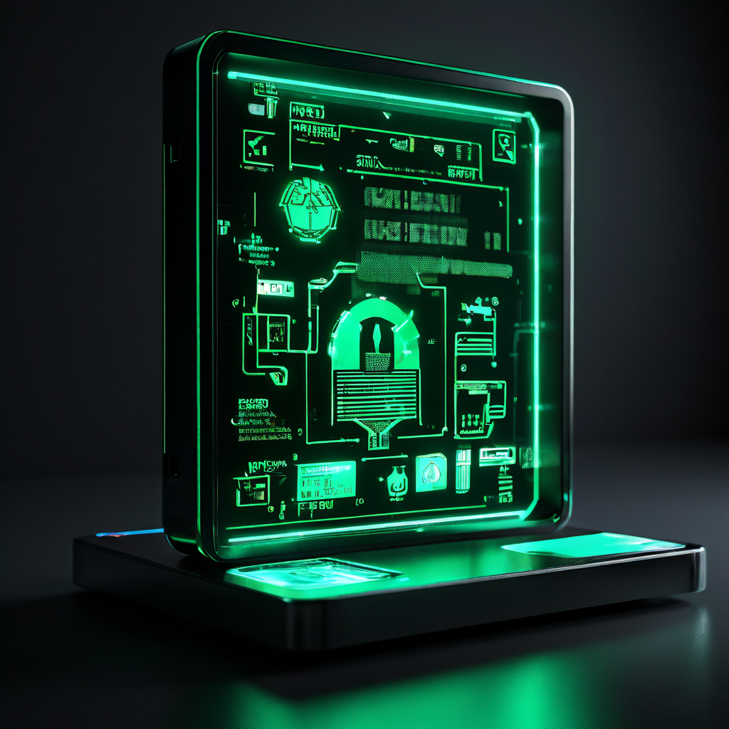 최첨단 보안 스캐너가 미니멀한 안전 장치를 정밀하게 검증하며, 디지털 정보를 분석한 후 녹색 체크 표시로 인증이 성공적으로 완료되었음을 보여주는 이미지.