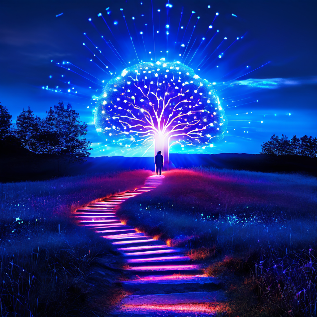 한 사람이 데이터 그래프로 만들어진 길 위에 첫걸음을 내딛으며 통계적 통찰력을 얻기 위한 학습 여정을 시작하는 과정을 상징적으로 보여주는 이미지.