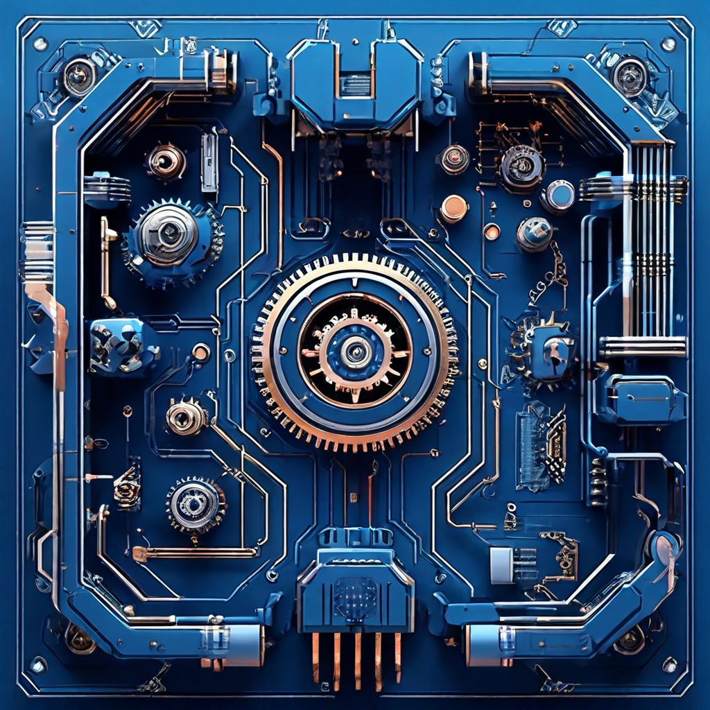 기어와 회로로 표현된 여러 기술 요소들이 중앙 허브에서 통합되어 유연한 모듈식 맞춤 설정을 가능하게 하는 시스템 아키텍처를 보여주는 그림.