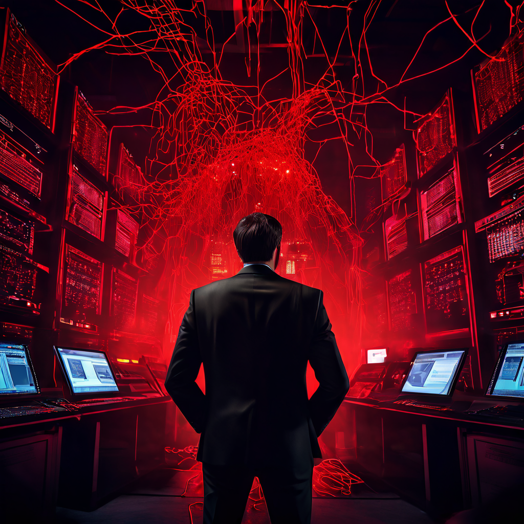 붉은 경고등이 켜진 혼란스러운 서버실을 배경으로, 심각한 네트워크 연결 오류 메시지를 보며 좌절하는 VIP의 모습을 통해 시스템 장애의 심각성을 설명하는 그림.