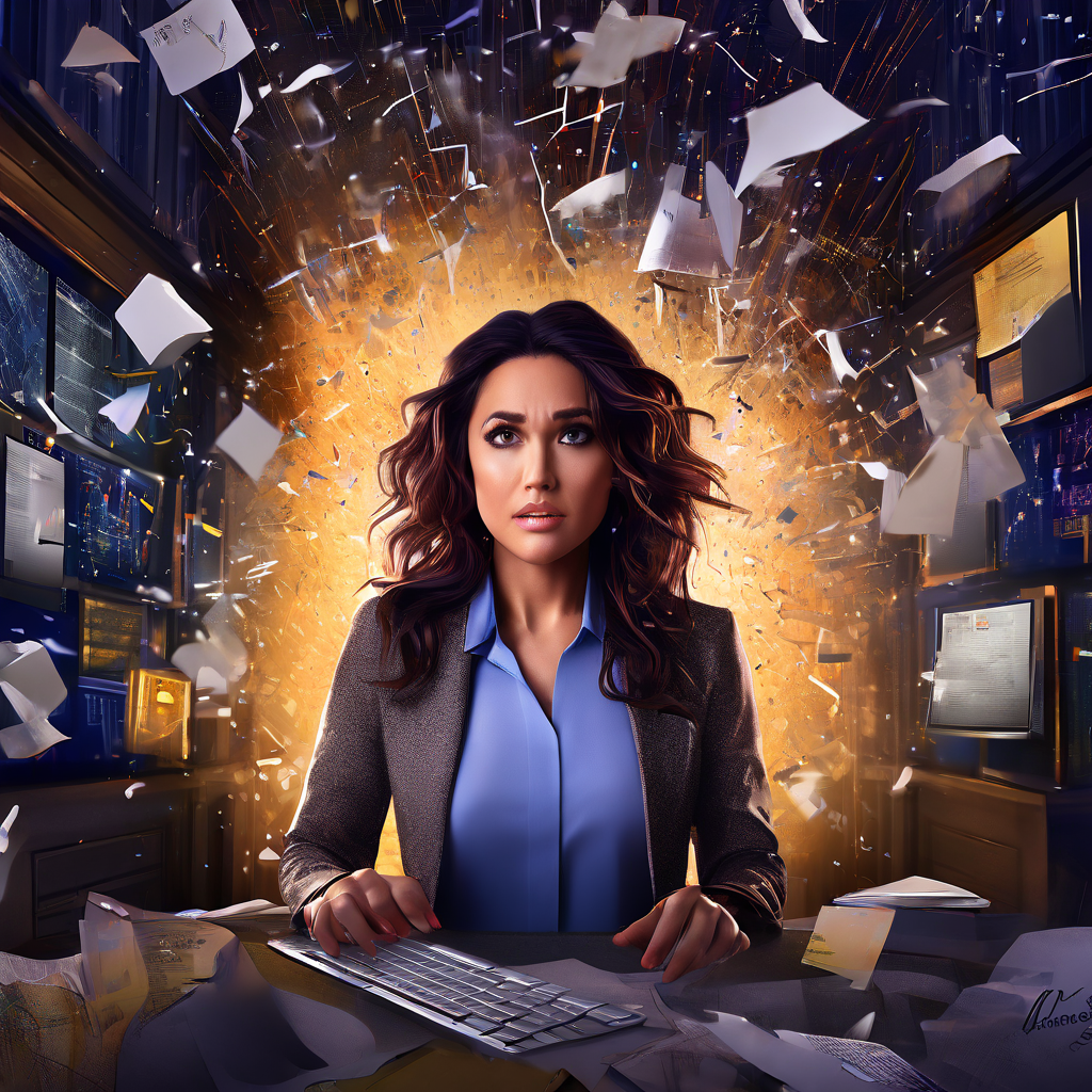 커뮤니티 애널리스트라는 화려한 직업의 이면, 혼란스러운 데이터 분석 업무에 압도되어 스트레스받는 전문가의 현실을 상징적으로 보여주는 이미지.