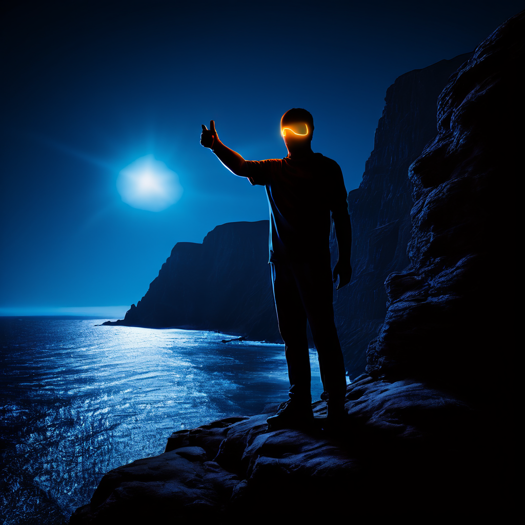 눈을 가린 사람이 빛나는 '좋아요' 아이콘만 믿고 낭떠러지 끝으로 향하며, 온라인 추천에 대한 맹목적인 믿음이 가진 숨겨진 위험을 보여주는 이미지.