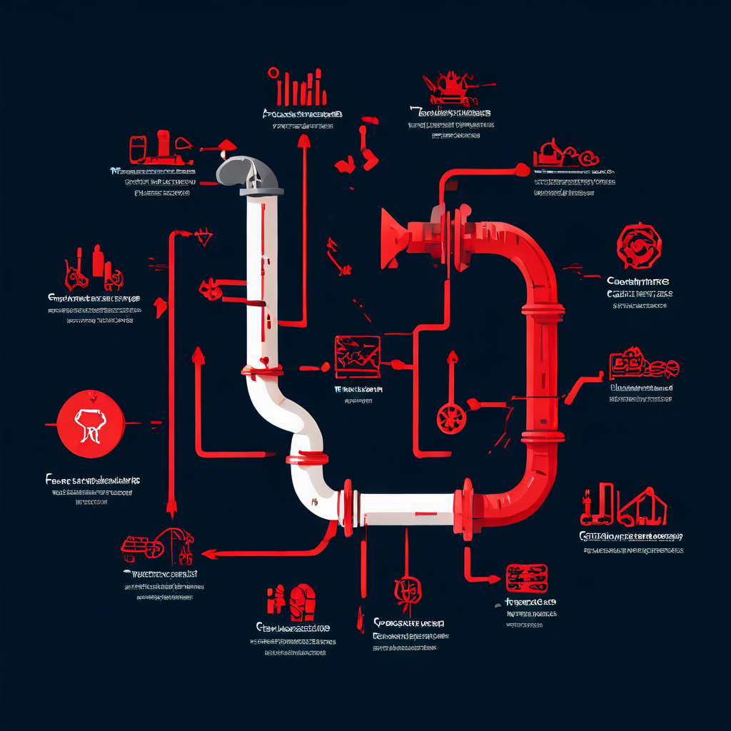 소프트웨어 개발 CI/CD 파이프라인의 단계별 구축 과정을 보여주는 다이어그램으로, 각 개발 단계에서 발생할 수 있는 잠재적 보안 위협과 취약점을 붉은색 아이콘으로 강조하여 설명하는 이미지.