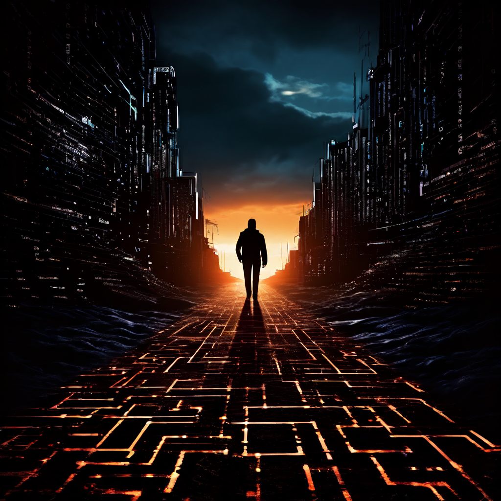 온라인 활동으로 생성된 디지털 발자국 데이터 흔적에서 보이지 않는 위협이 그림자처럼 나타나 개인정보 유출의 위험을 상징적으로 보여주는 이미지.