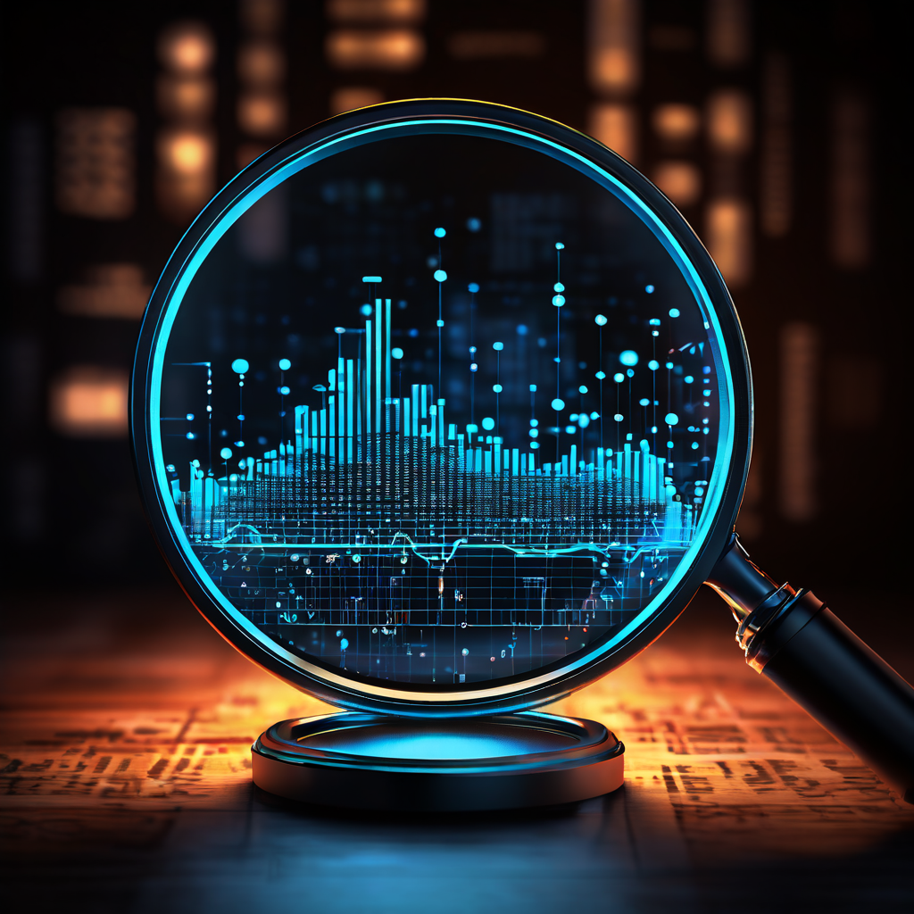 돋보기를 통해 디지털 인증 마크에 내재된 복잡한 데이터 검증 과정과 신뢰도를 보장하는 기술 시스템을 보여주는 이미지.