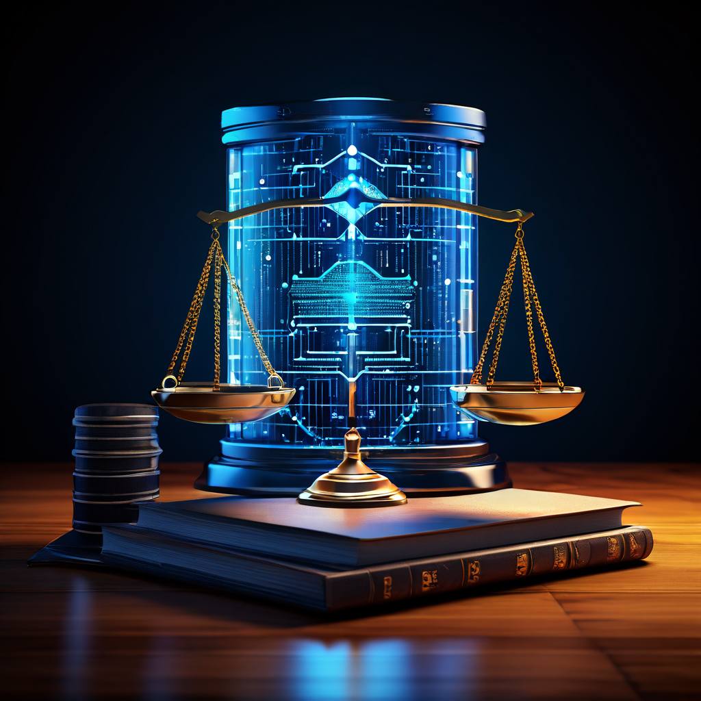 디지털 보호막 안에서 정의의 저울이 데이터 서버와 법전의 균형을 맞추며, 체계적인 데이터 거버넌스와 정보보호 규제 준수의 중요성을 상징하는 이미지.