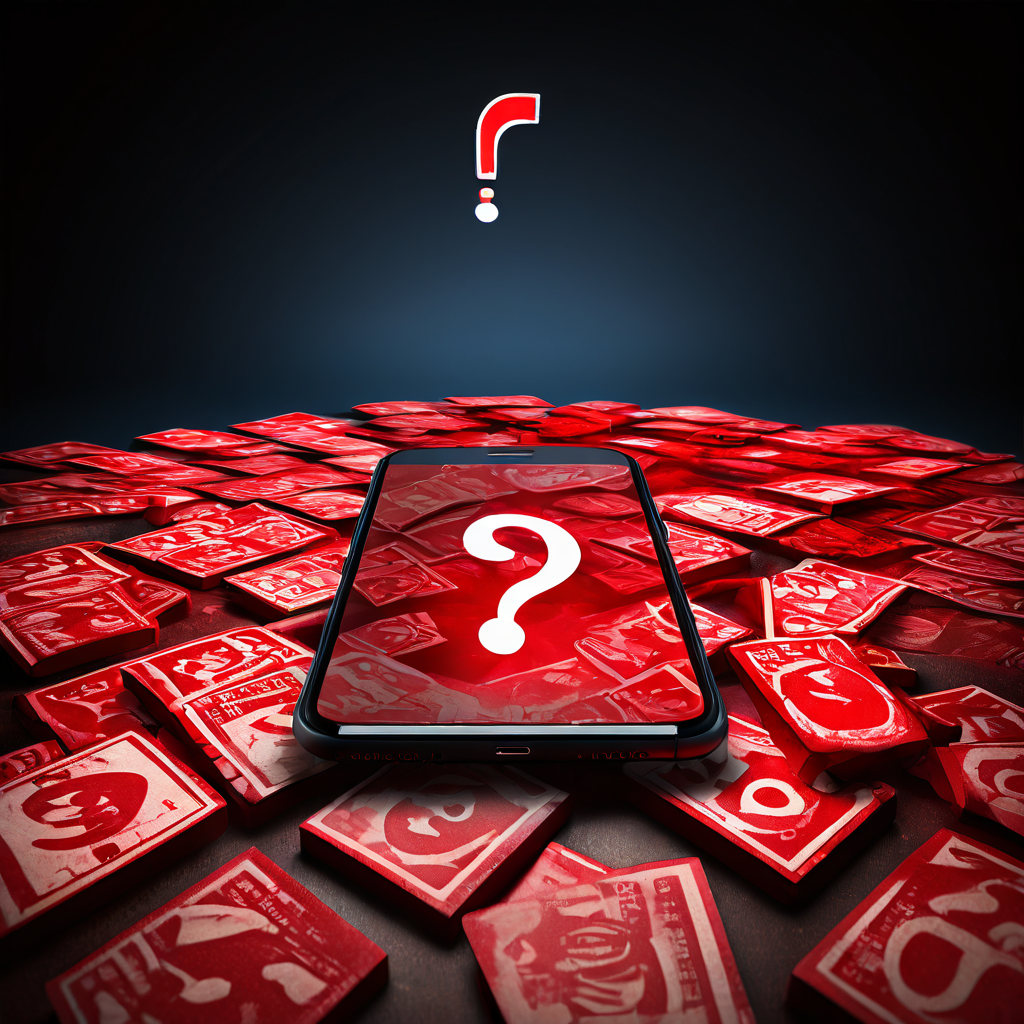 앱 스토어 심사에서 반복적으로 거절(REJECTED)당하며 무한 루프에 빠진 스마트폰 앱과 그 원인을 알 수 없어 혼란스러운 상황을 거대한 물음표로 표현한 이미지.